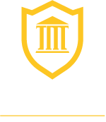 Vertical wordmark and emblem lockup in gold and white