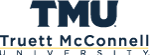 Vertical word mark and monogram lockup in navy and gold